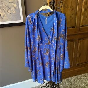 Free People Blue and Brown Floral along Sleeve Dress